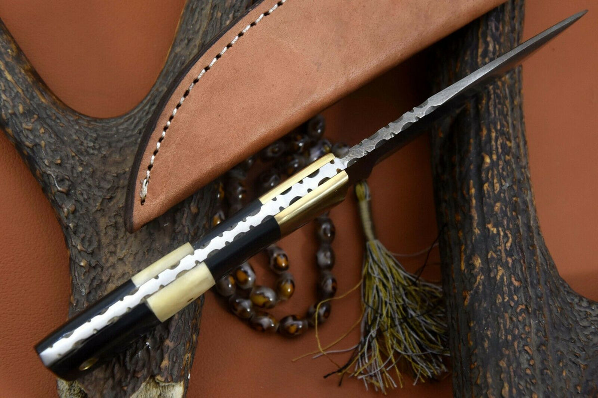 Twisted Damascus Skinner Knife with Camel Bone Handle, Brass Bolster and Leather Sheath