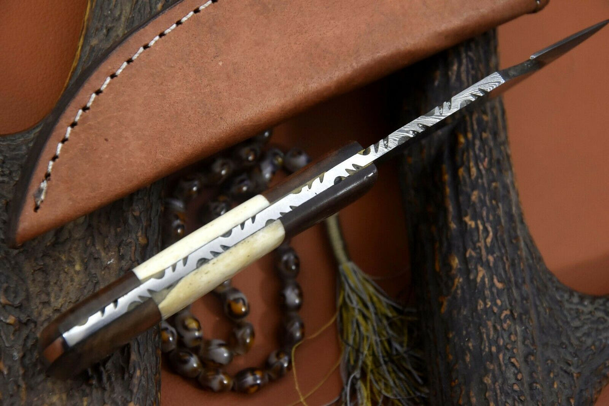 Walnut & Camel Bone Handle Guthook Skinner with Handmade Damascus Steel Blade