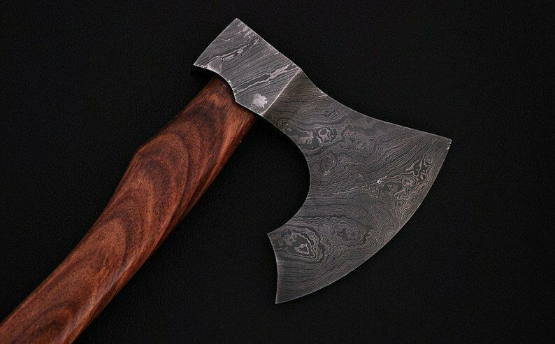 Custom Handmade Beautiful Damascus Steel Axe Handle Rosewood with Leather Sheath