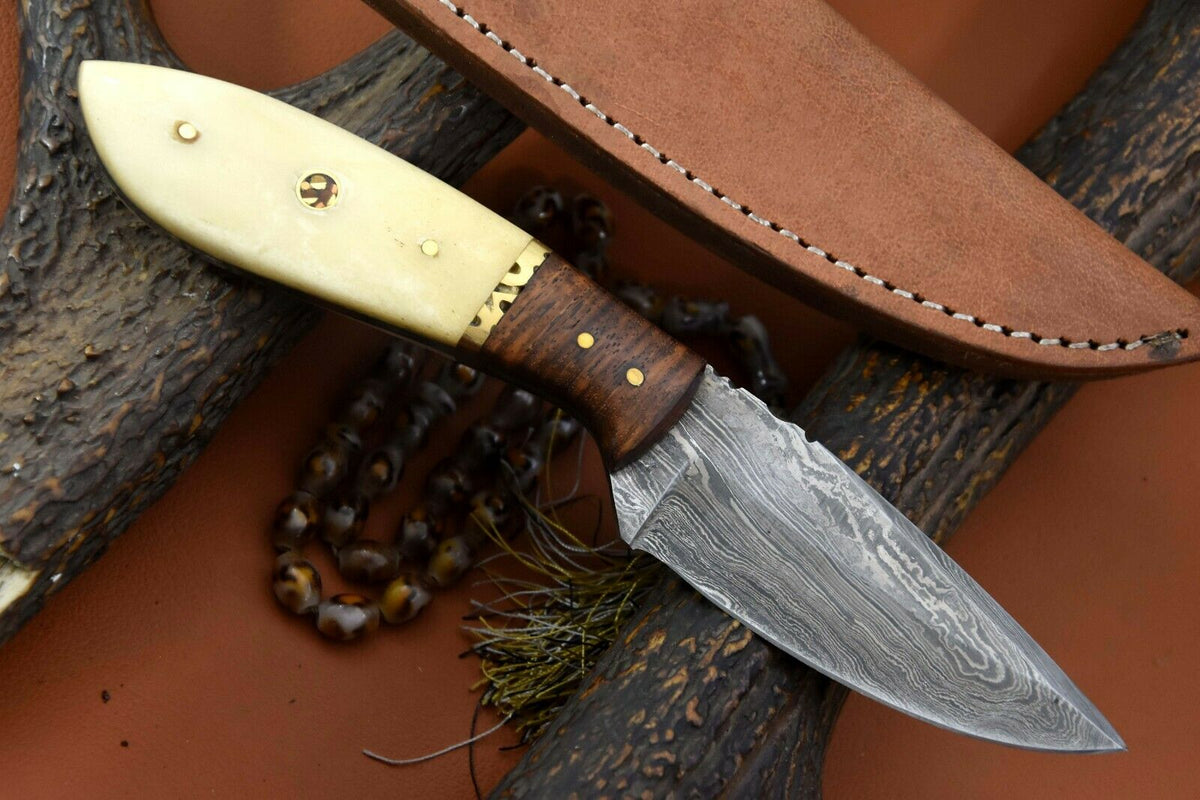 Handcrafted Damascus Skinner Knife with Camel Bone, Walnut Bolster and Leather Sheath