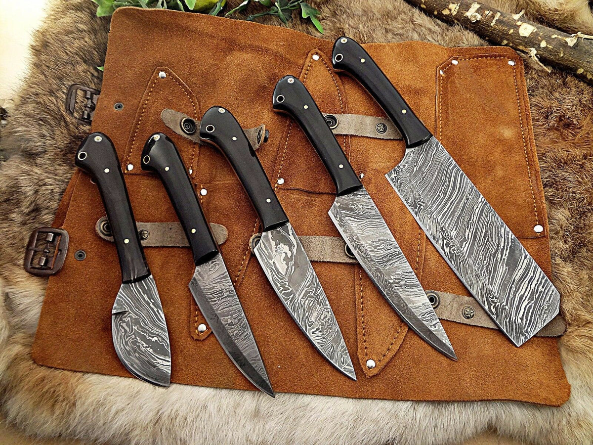 5 piece Kitchen knife set, full tang hand forged Damascus steel, Leather sheath - NB CUTLERY LTD