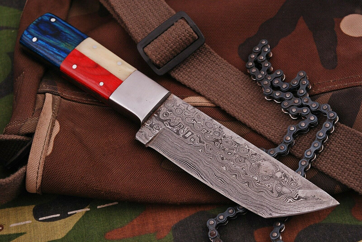 Handmade Damascus Skinner Knife with Texas-Style Handle & Leather Sheath
