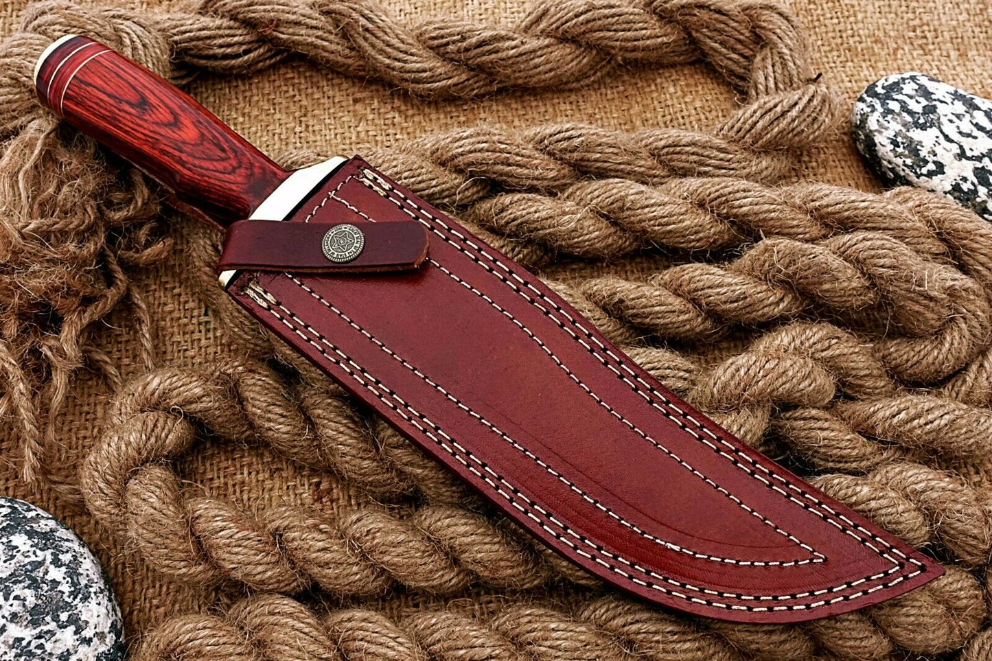 CUSTOM HANDMADE DAMASCUS HUNTING BOWIE KNIFE WITH LEATHER SHEATH