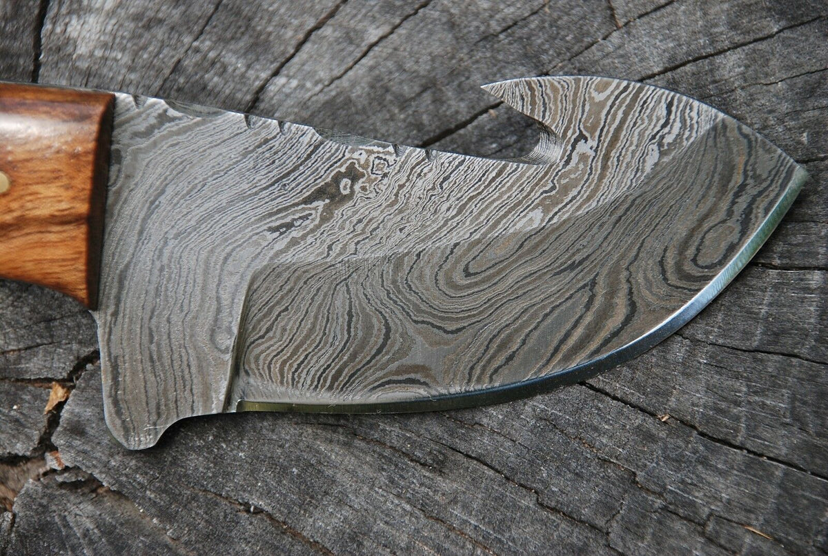 Walnut Wood Handle Handmade Damascus Guthook Knife with Leather Sheath