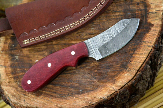 Damascus Steel Skinner Knife with Micarta Handle and Leather Sheath