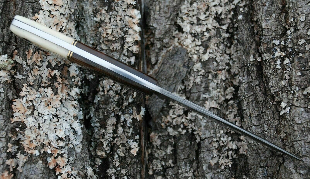 Camel Bone and Walnut Handle Damascus Skinner Knife with Leather Sheath