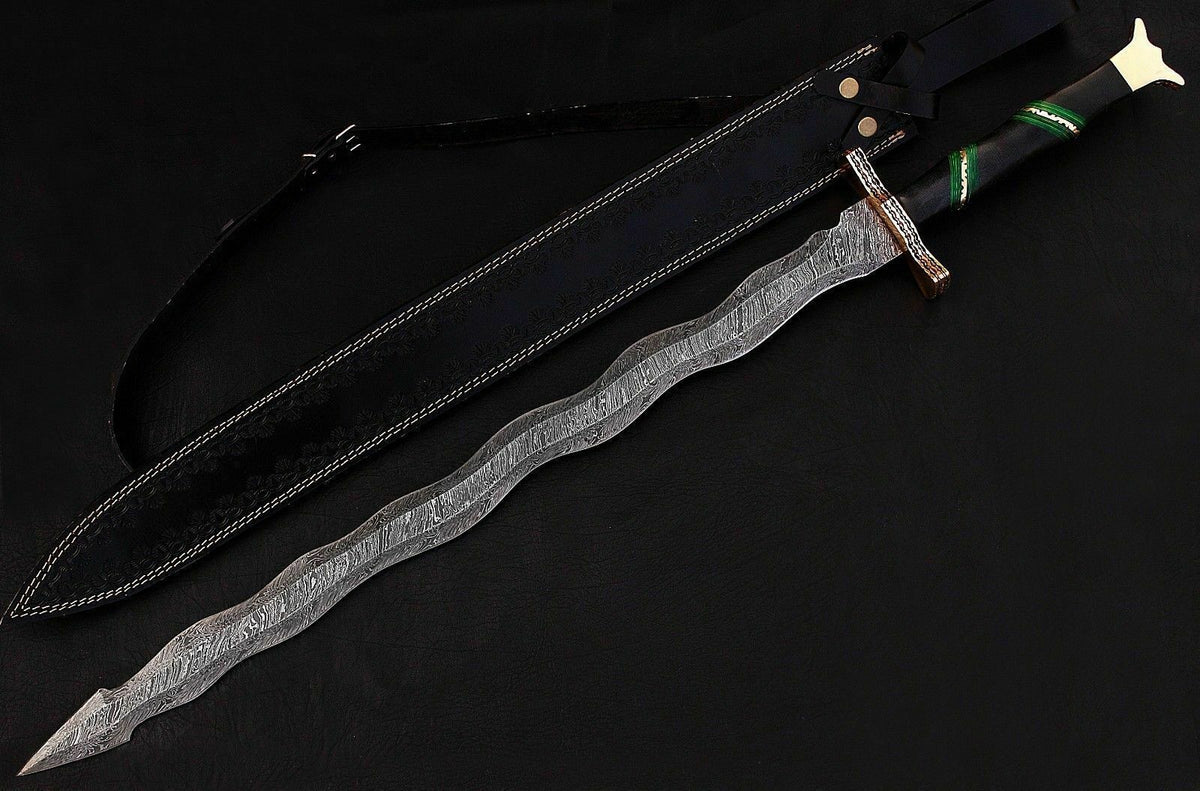 CUSTOM HANDMADE DAMASCUS STEEL SWORD WITH LEATHER SHEATH