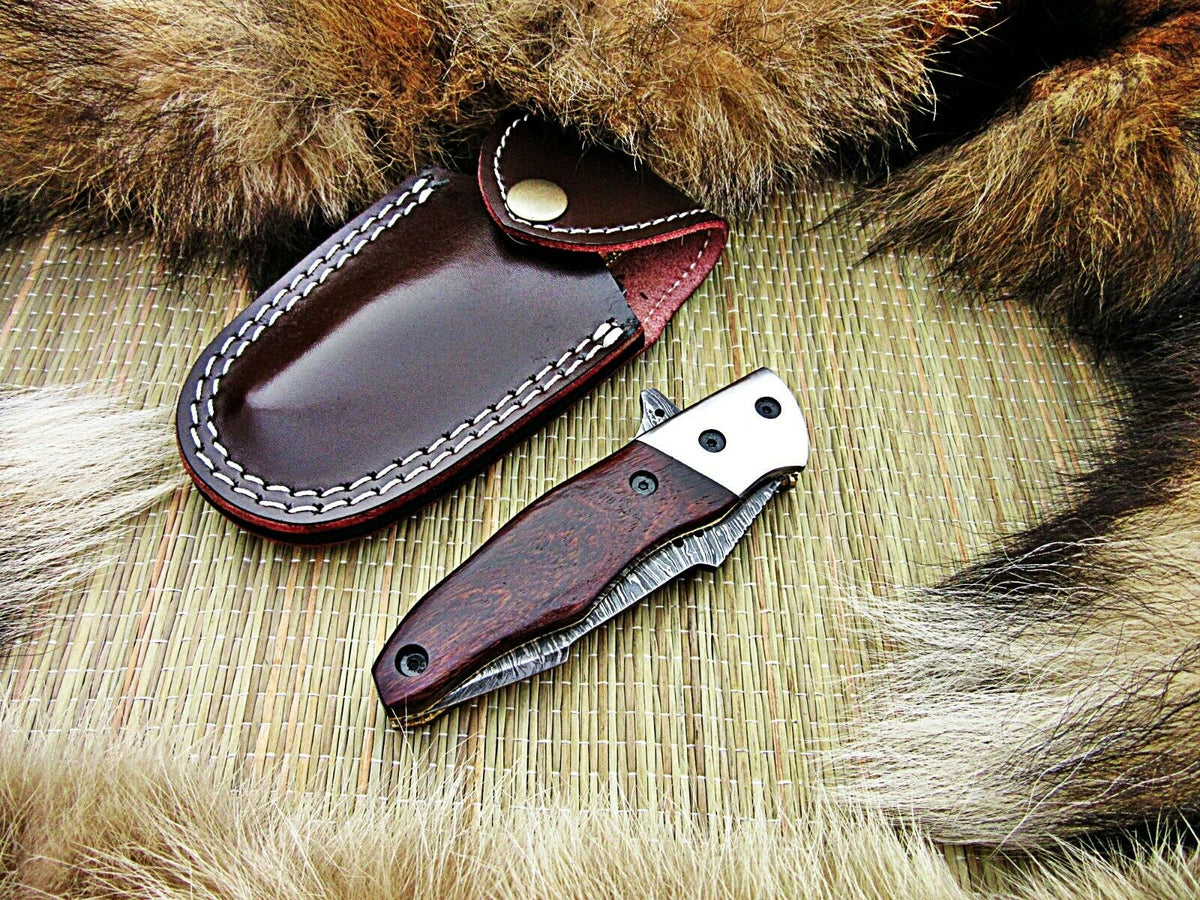 CUSTOM HANDMADE DAMASCUS FOLDING KNIFE WITH LEATHER SHEATH