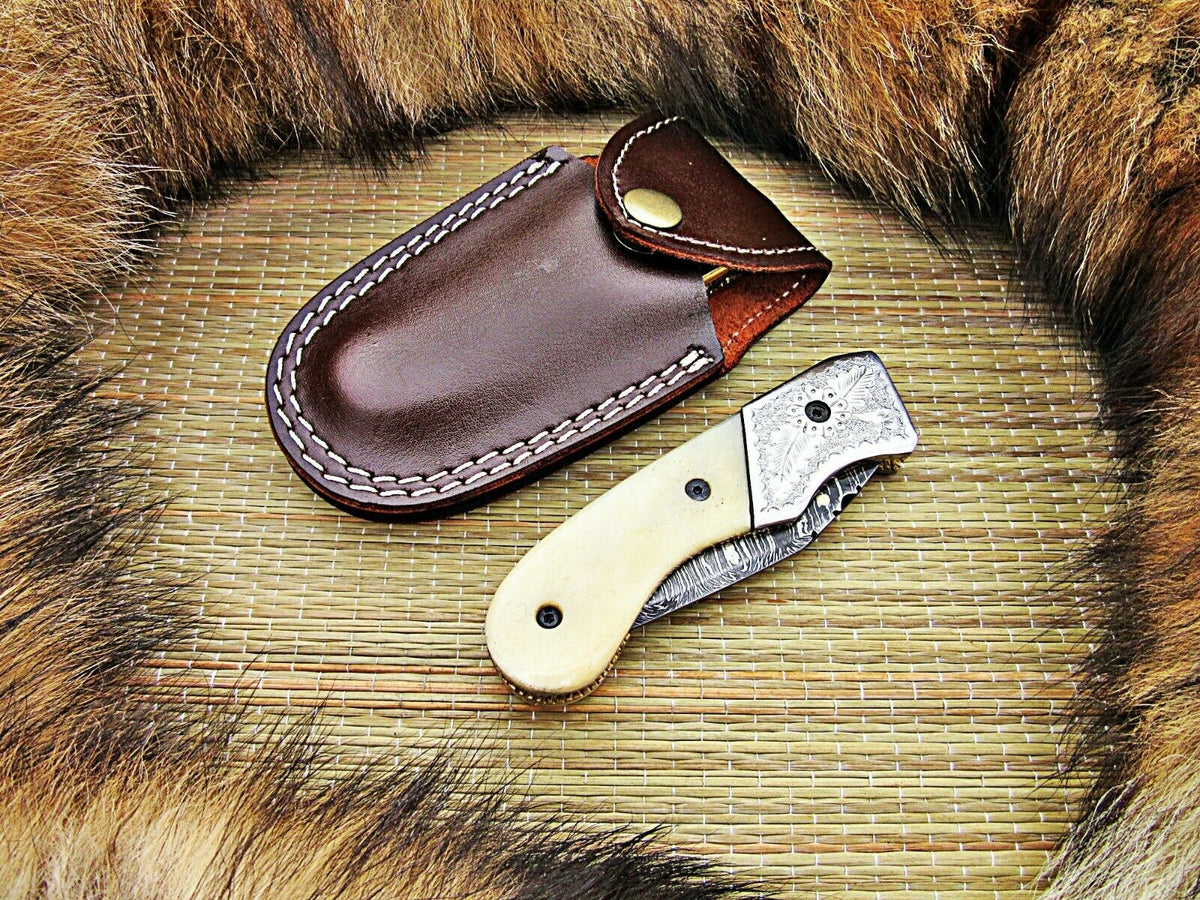 CUSTOM HANDMADE DAMASCUS FOLDING KNIFE WITH LEATHER SHEATH