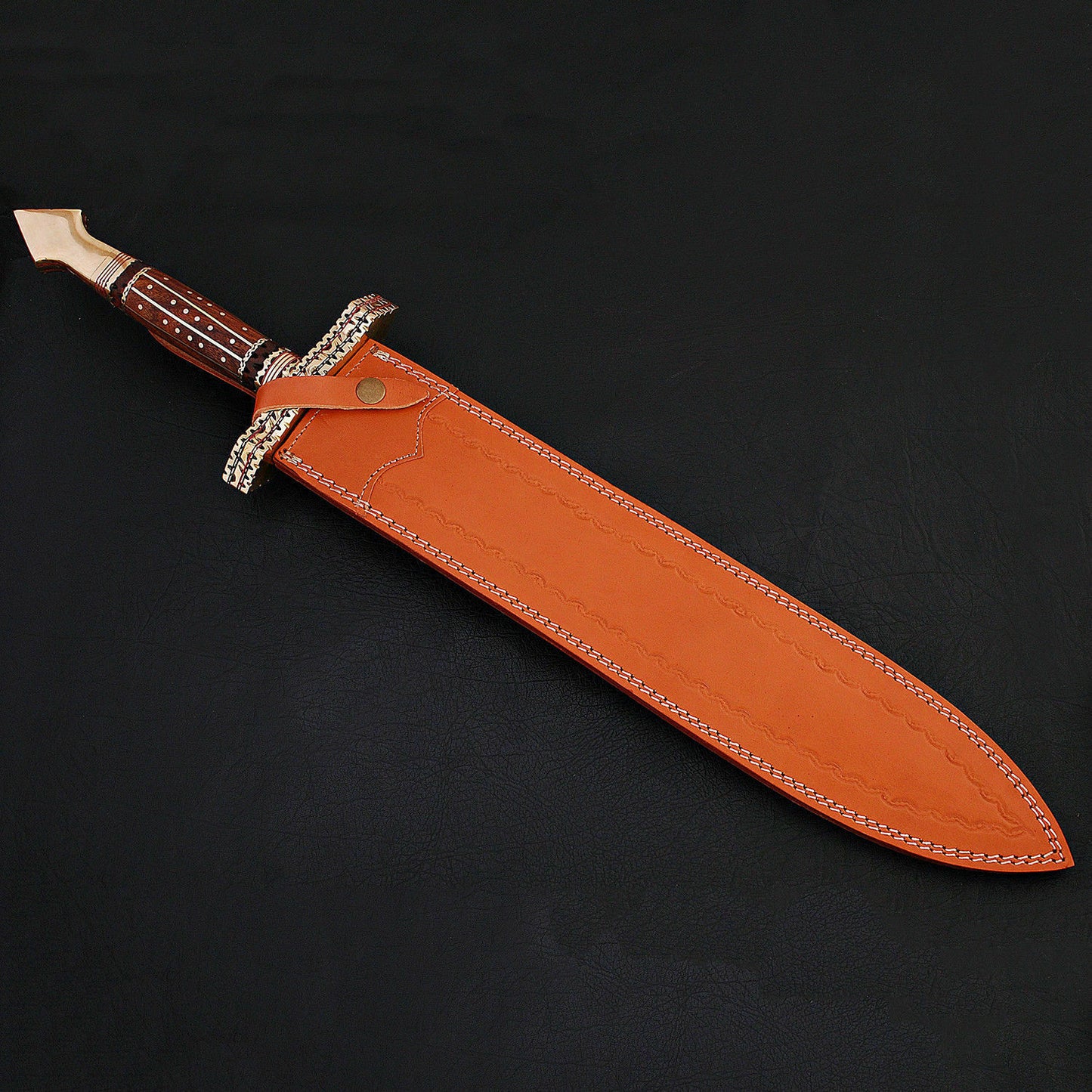 CUSTOM HANDMADE DAMASCUS SWORD WITH LEATHER SHEATH