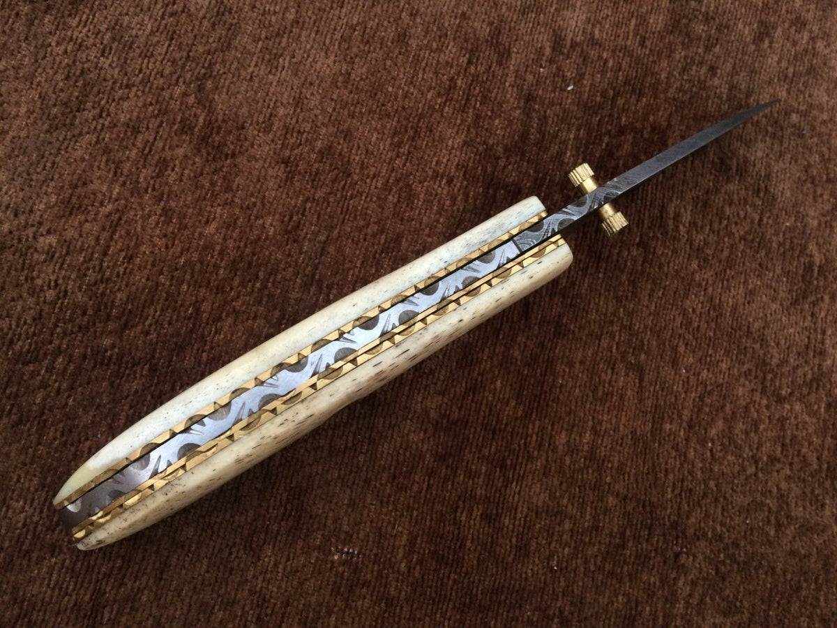 CUSTOM HANDMADE DAMASCUS POCKET KNIFE WITH LEATHER SHEATH