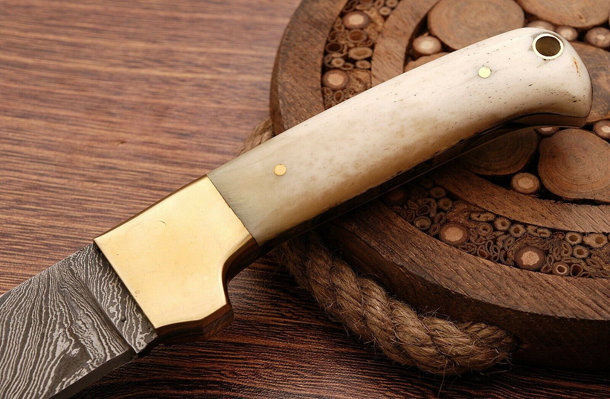 Twisted Damascus Skinner Knife With Camel Bone Handle And Brown Leather Sheath