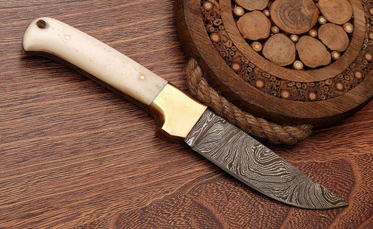 Twisted Damascus Skinner Knife With Camel Bone Handle And Brown Leather Sheath