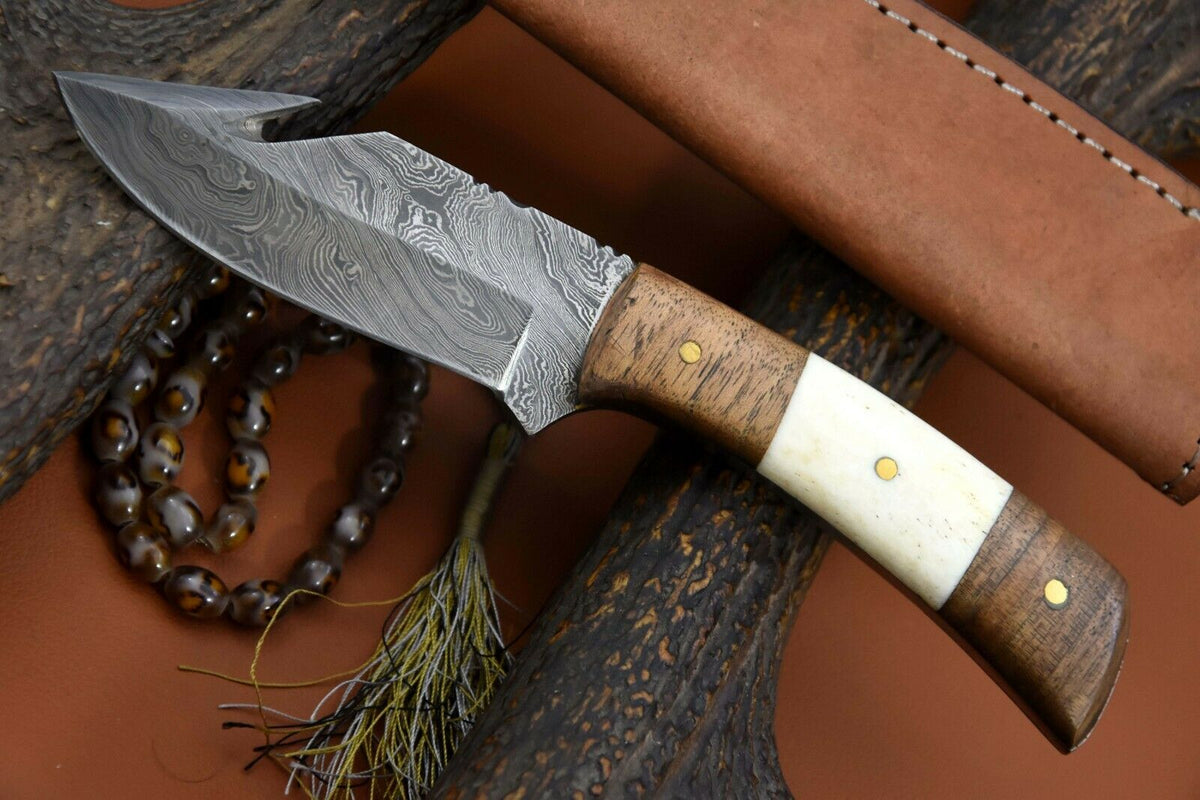 Walnut & Camel Bone Handle Guthook Skinner with Handmade Damascus Steel Blade