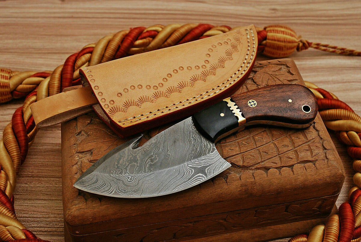 Damascus Steel Guthook Skinner Knife with Rosewood Handle and Pakka Wood Bolster