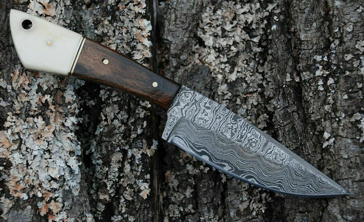 Camel Bone and Walnut Handle Damascus Skinner Knife with Leather Sheath