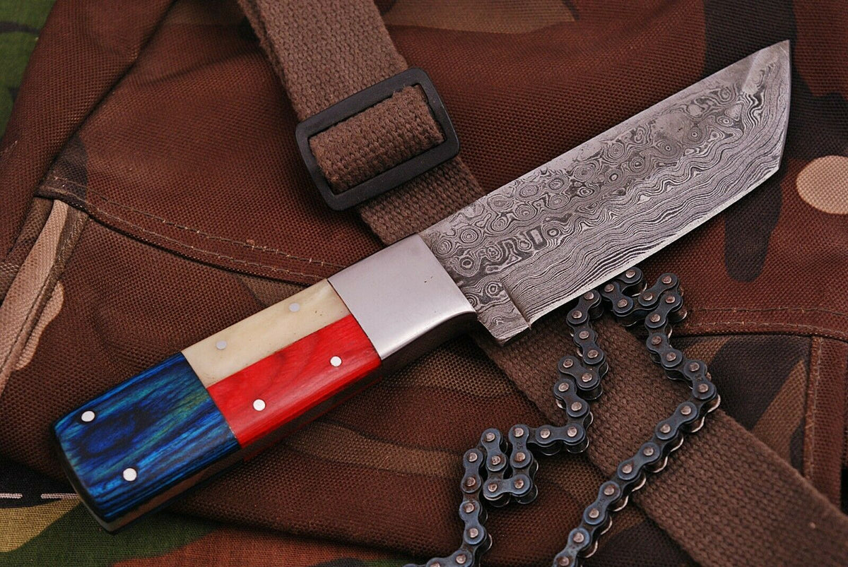 Handmade Damascus Skinner Knife with Texas-Style Handle & Leather Sheath