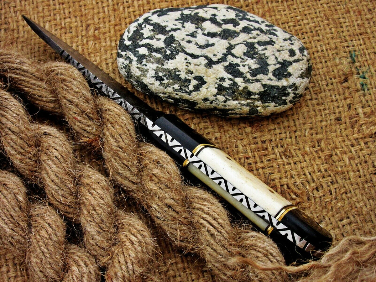Handmade Damascus Steel Skinner Knife with Camel Bone Handle & Leather Sheath