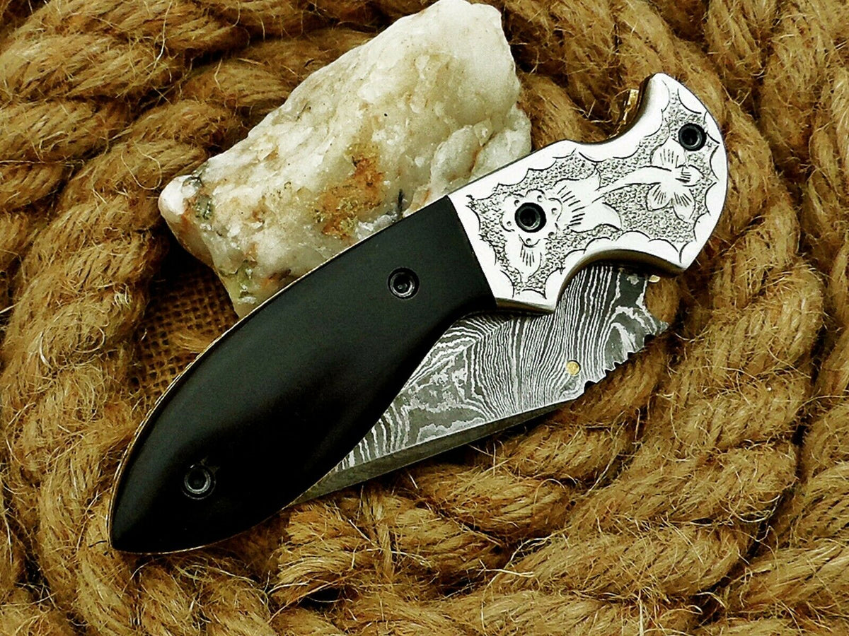 CUSTOM HANDMADE DAMASCUS FOLDING KNIFE WITH LEATHER SHEATH