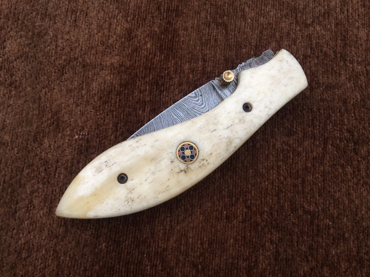 CUSTOM HANDMADE DAMASCUS POCKET KNIFE WITH LEATHER SHEATH