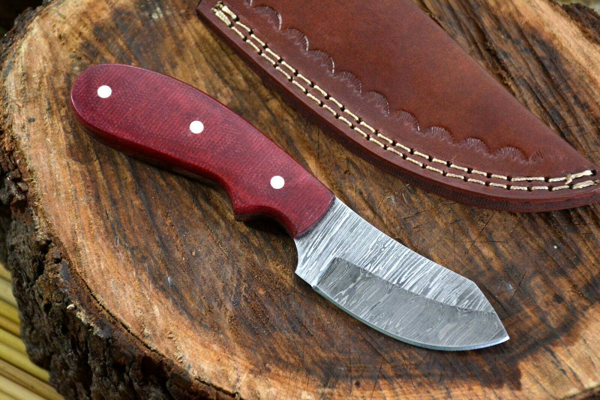 Damascus Steel Skinner Knife with Micarta Handle and Leather Sheath