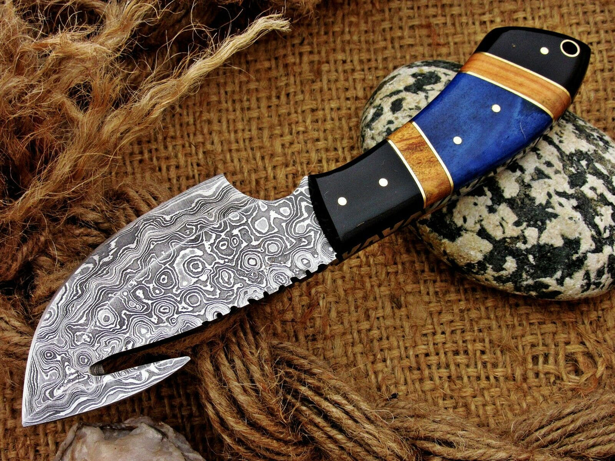 Handcrafted Damascus Guthook Knife Featuring Dyed Bone, Black Horn & Olivewood Handle