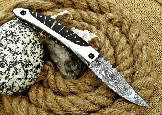 Black Horn & Stainless Steel Damascus Folding Knife with File Work