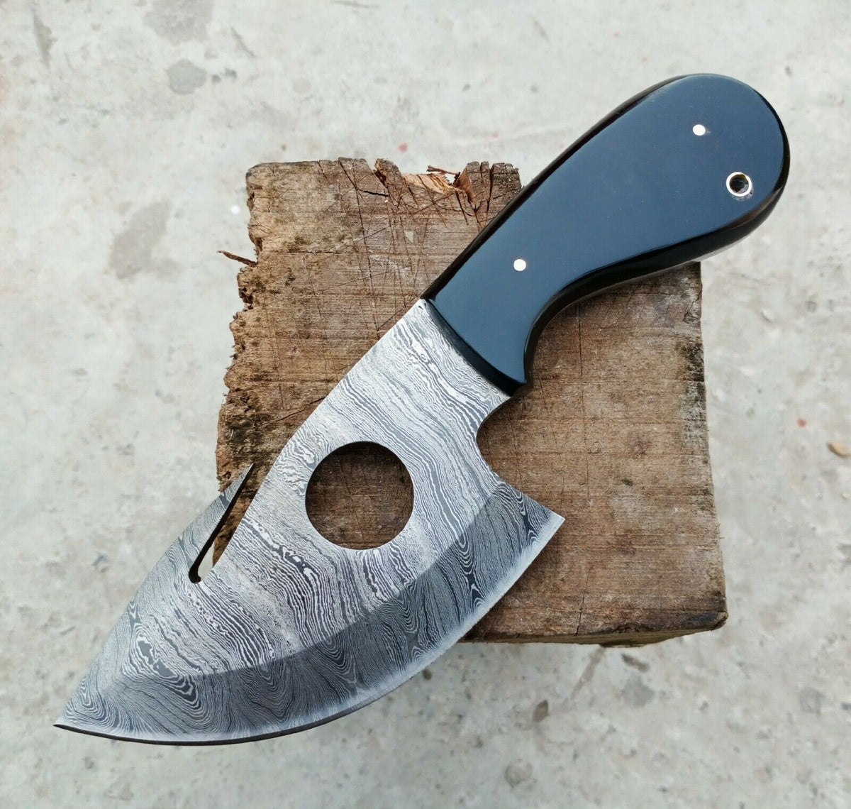 Handmade Damascus Guthook Skinner Knife with Black Horn Handle & Leather Sheath