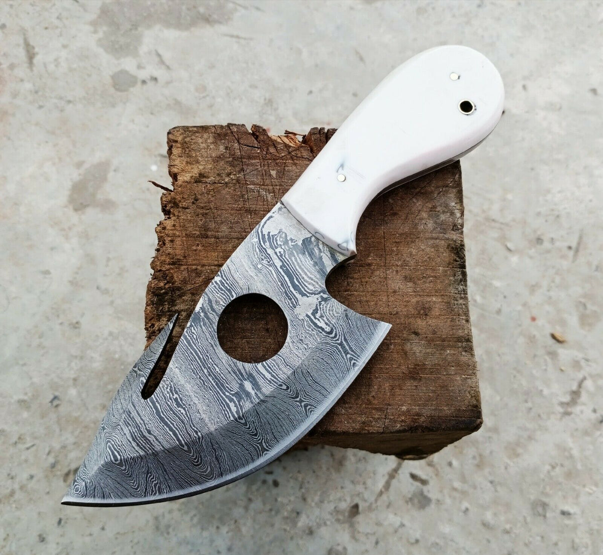Handcrafted Damascus Guthook Skinner Knife Featuring Camel Bone Handle & Leather Sheath