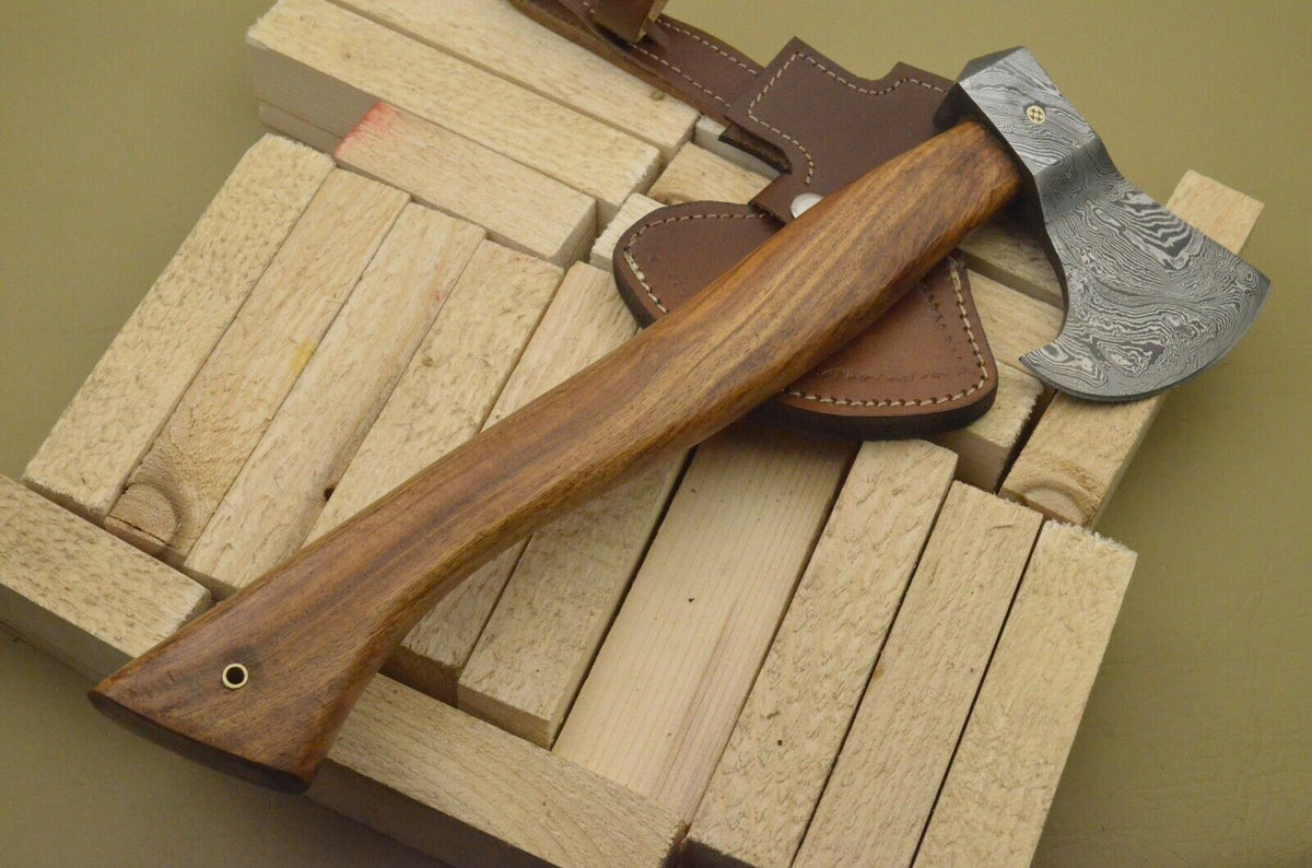 Custom Handmade Damascus Steel Axe Handle Rosewood With Beautiful Leather Sheath Tactical survival Hatchets Handcrafted Wood Chopping Axes