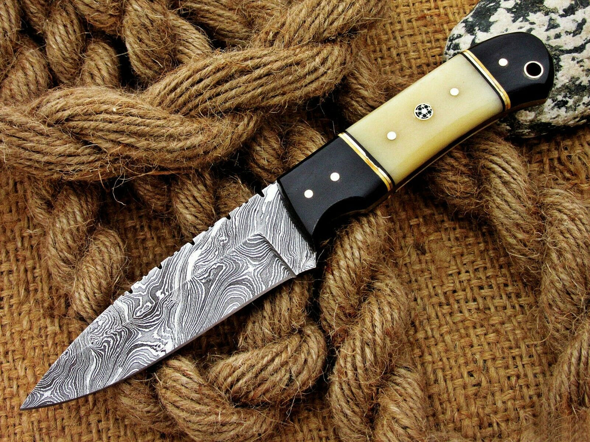 Handmade Damascus Steel Skinner Knife with Camel Bone Handle & Leather Sheath