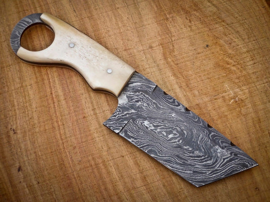 CUSTOM HANDMADE DAMASCUS STEEL CAMEL BONE MINI CLEAVER POCKET KNIFE WITH POUCH