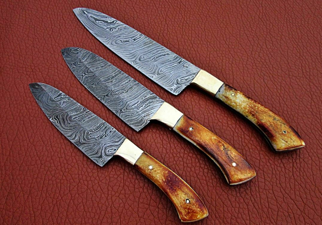 Handmade Damascus Steel 3-Piece Chef Knife Set | Fired Camel Bone Handle | Leather Sheath