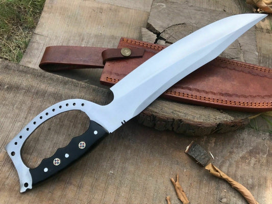 CUSTOM HANDMADE D2 STEEL HUNTING KNIFE WITH LEATHER SHEATH