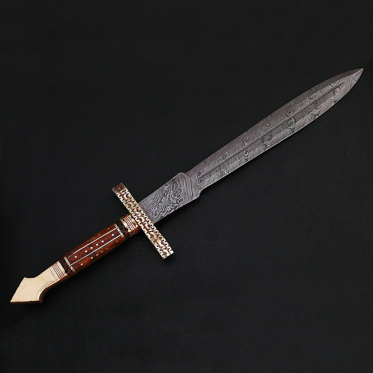 CUSTOM HANDMADE DAMASCUS SWORD WITH LEATHER SHEATH