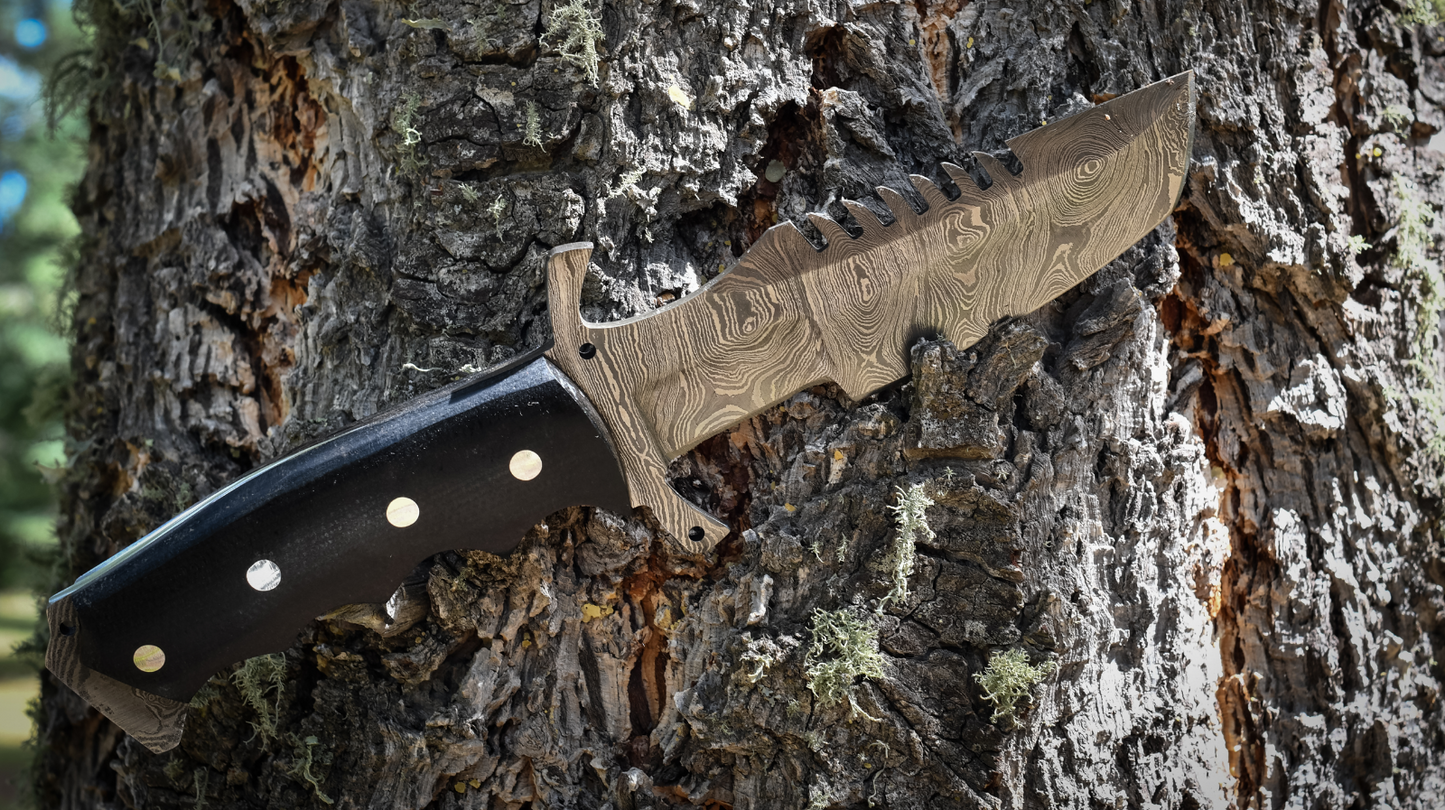 CUSTOM HANDMADE DAMASCUS TRACKER KNIFE WITH LEATHER SHEATH