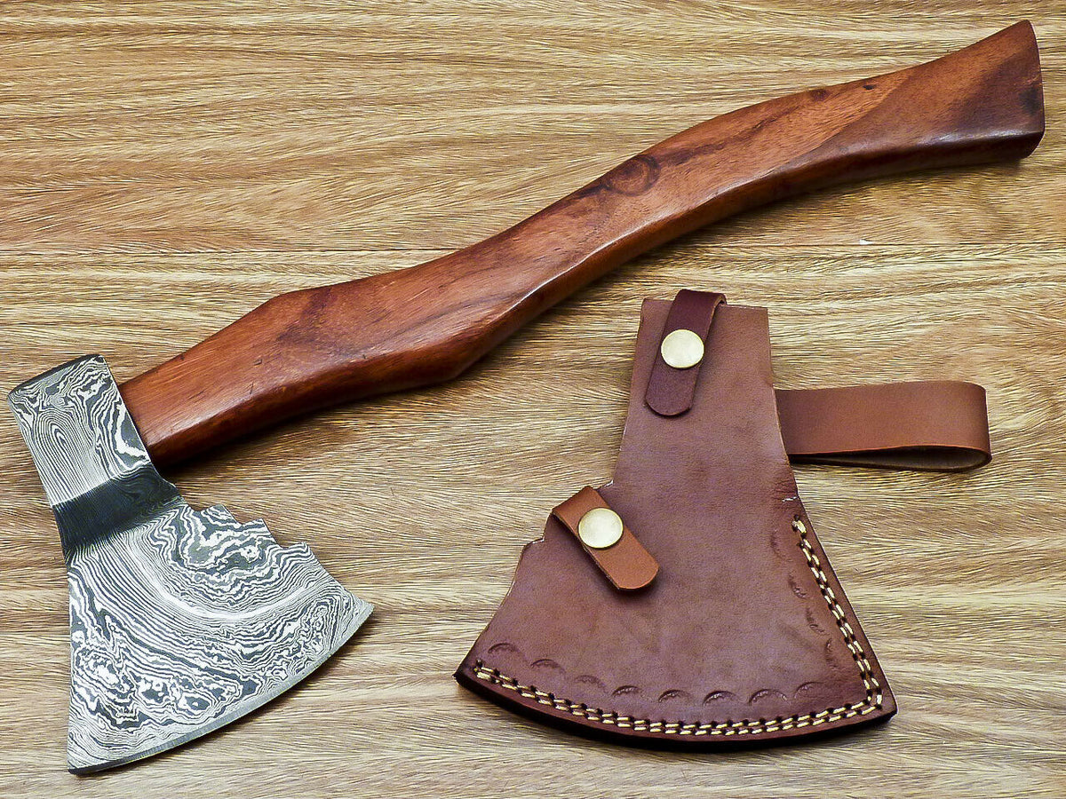 Custom Handmade Damascus Steel Axe Handle Rosewood With Beautiful Leather Sheath Heavy-duty Camping Hatchet High-quality Camping Axe