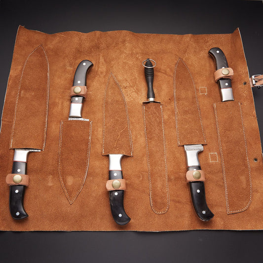 6 PCS DAMASCUS CHEF/KITCHEN KNIFE + LEATHER ROLL KIT