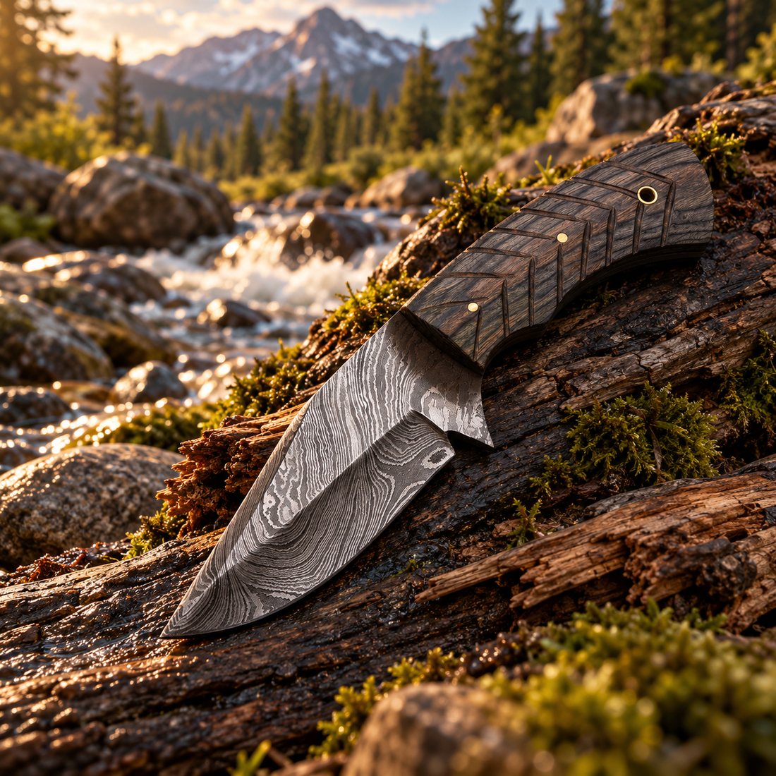 NB Knives Damascus camping knife on a mossy log beside a mountain stream with forest and mountains in the background
