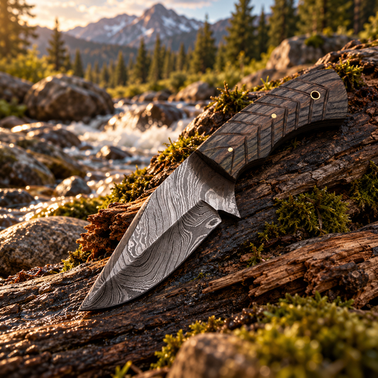 NB Knives Damascus camping knife on a mossy log beside a mountain stream with forest and mountains in the background