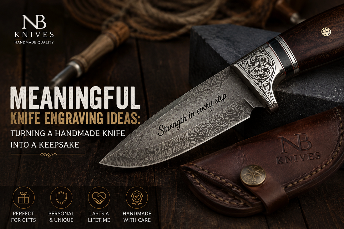 Hand-forged hunting knife with custom engraved name on the blade