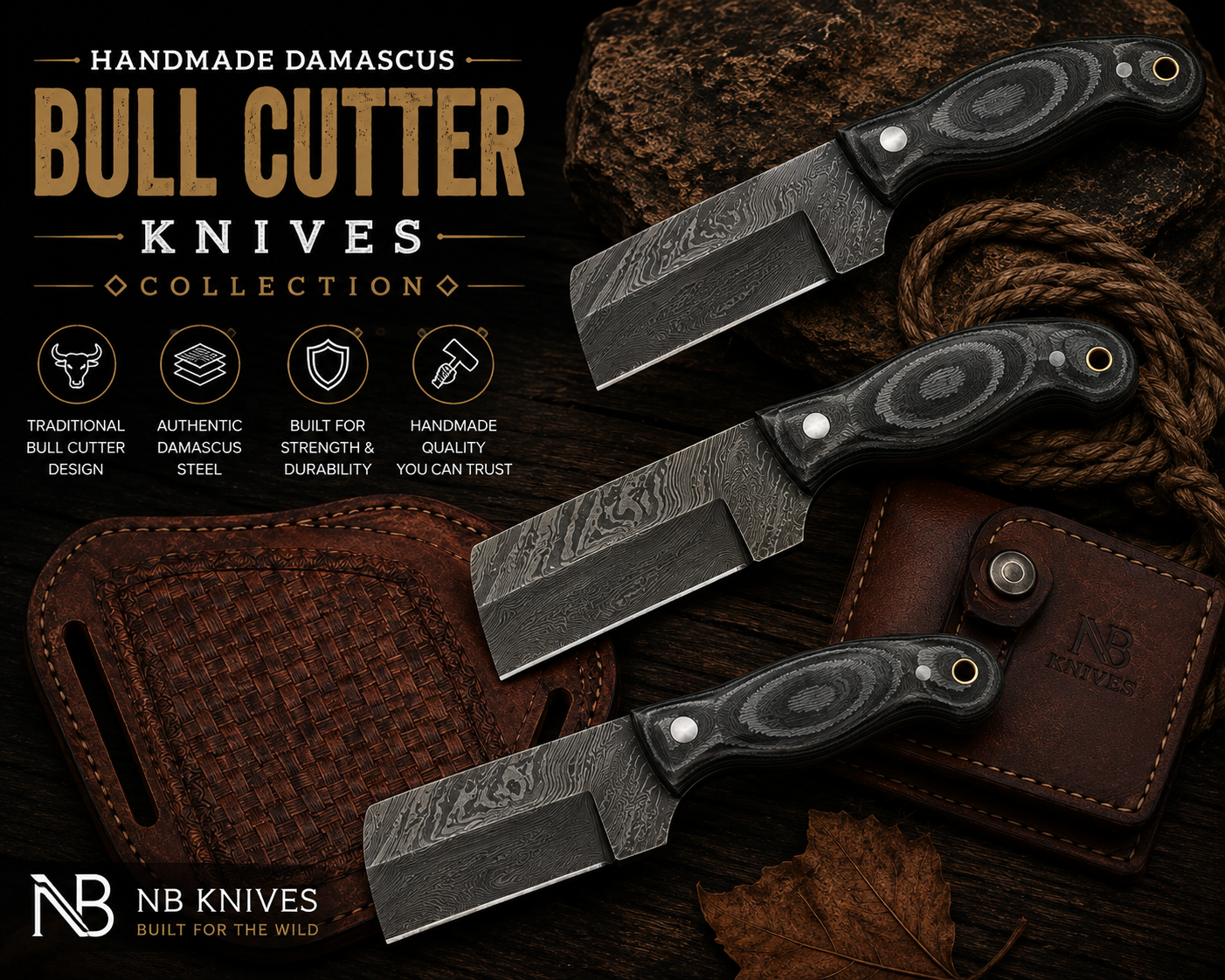 Handmade Damascus Bull Cutter Knives