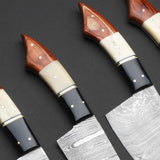 Custom Handmade Damascus Steel 6 Pcs Chef Set Handle Cow Bone/Black Horn/Hardwood With Leather Roll Kit Premium Kitchen Chef Knife Set for Gourmet Cooking