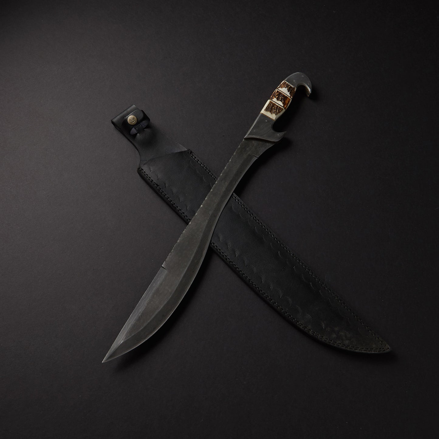 Custom Handmade Damascus Steel Sword Handle Stag Horn With Beautiful Leather Sheath