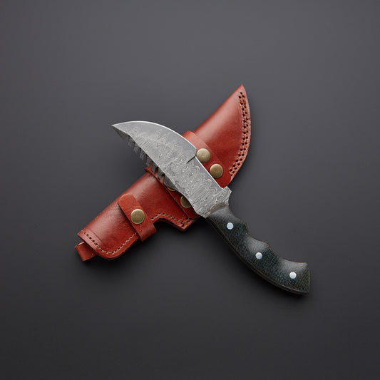 Custom Handmade Damascus Steel Tracker Knife – Micarta Handle with Leather Sheath