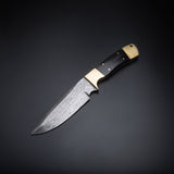 Custom Handmade Damascus Steel Skinner Knife Handle Black Horn/Brass Bolster With Leather Sheath Precision Blade for Professional Results