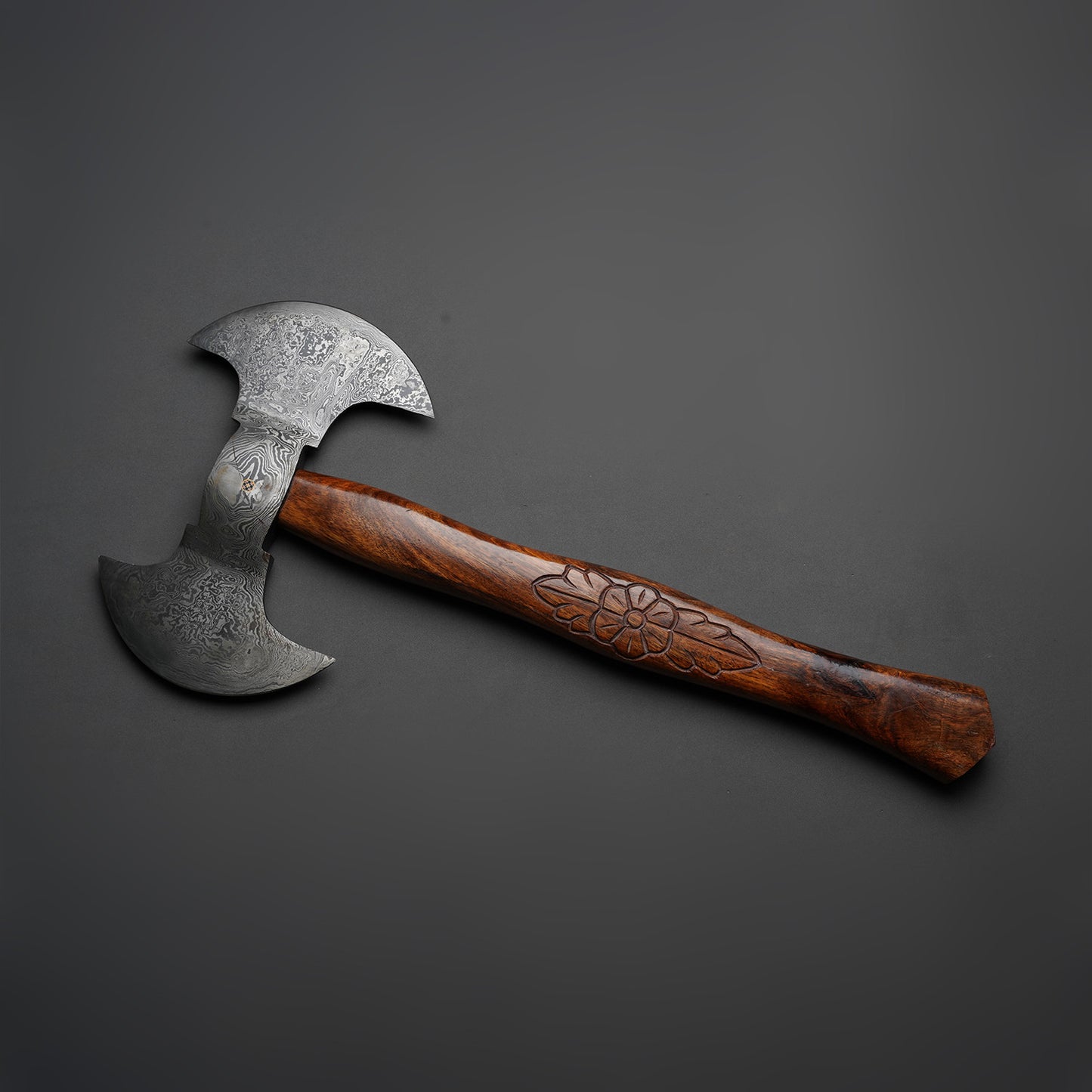 Custom Handmade Damascus Steel Double Edge Axe Handle Rosewood With Beautiful Leather Sheath
