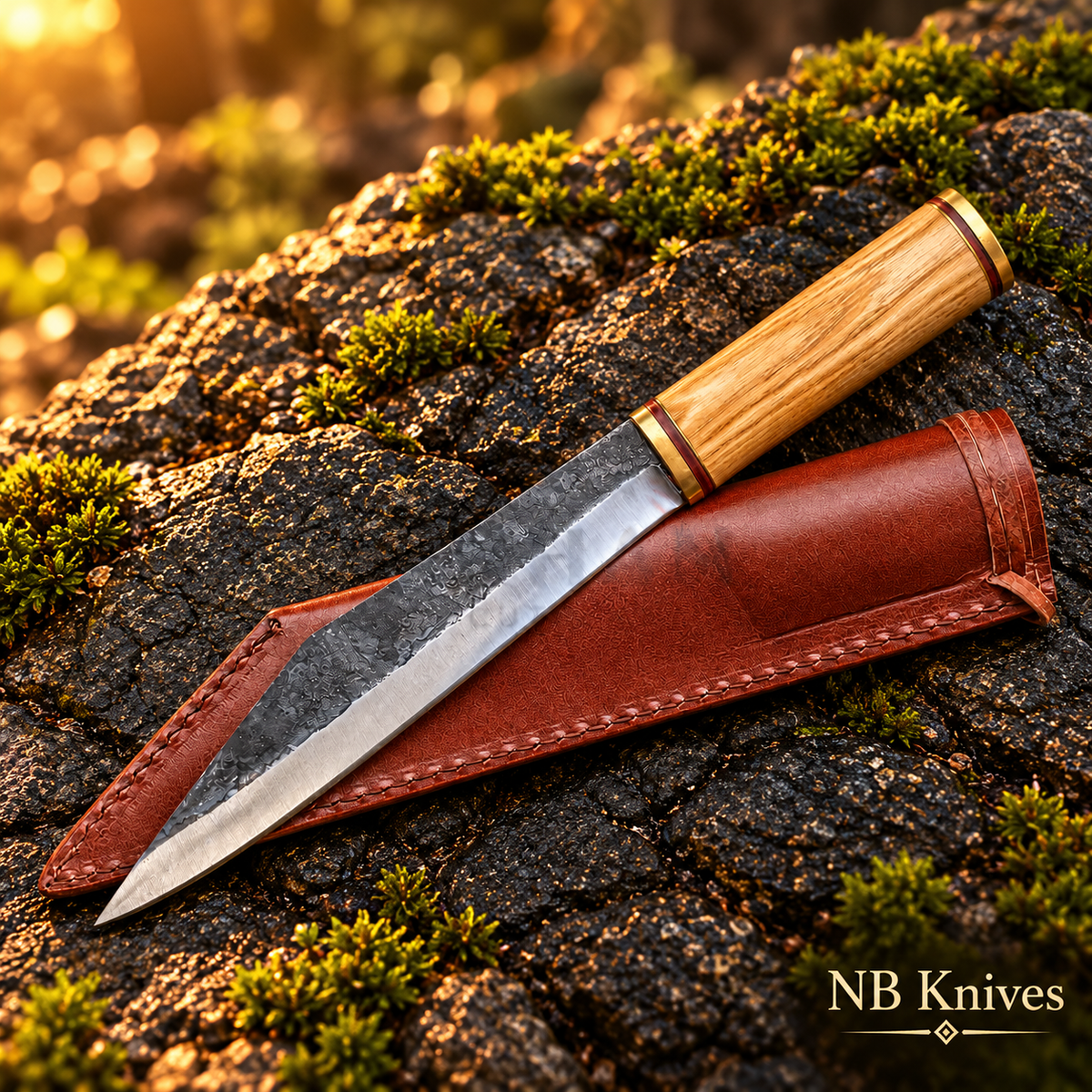 1095 Carbon Steel Seax Knife with Olive Wood Handle & Leather Sheath