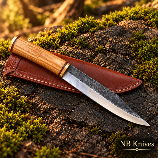 1095 Carbon Steel Seax Knife with Olive Wood Handle & Leather Sheath