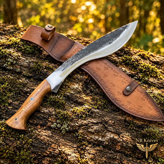Custom Handmade 1095 High Carbon Steel Kukri Knife with Olive Wood Handle & Leather Sheath